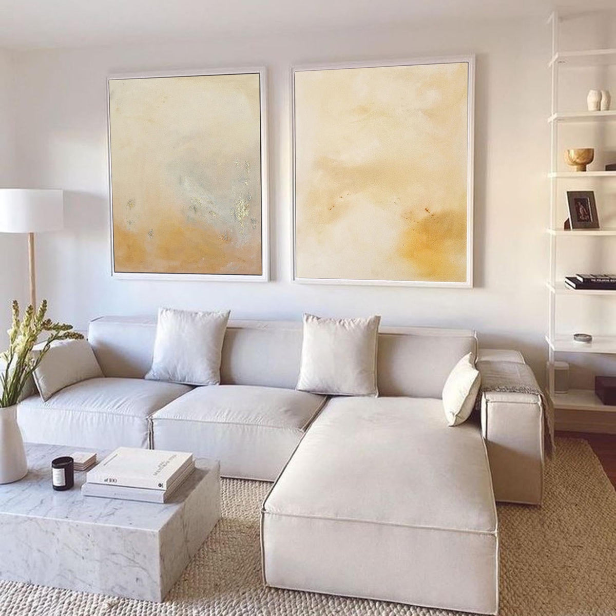 Minimalist Diptych Wall Art Warm Neutrals Gold Leaf