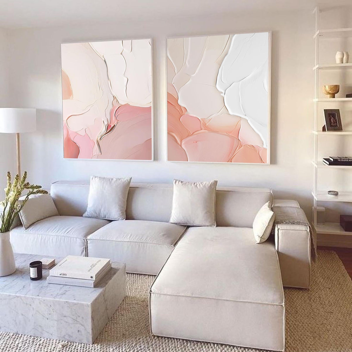 Textured 3D Diptych Wall Art Soft Pink White