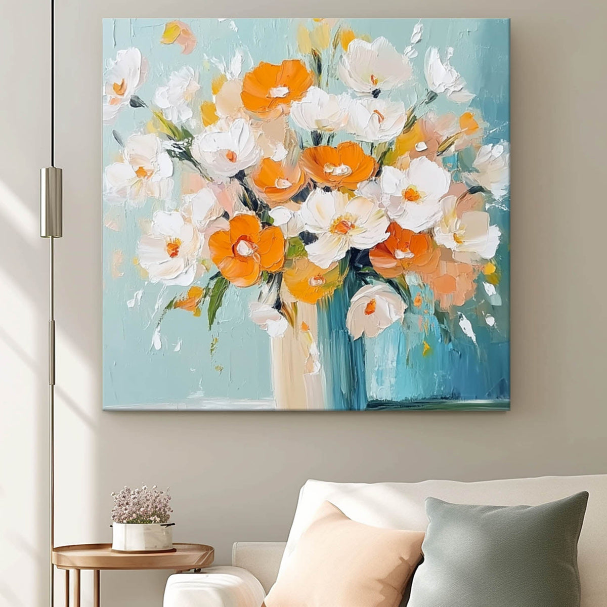 Bright Orange White Floral Bouquet Oil Painting