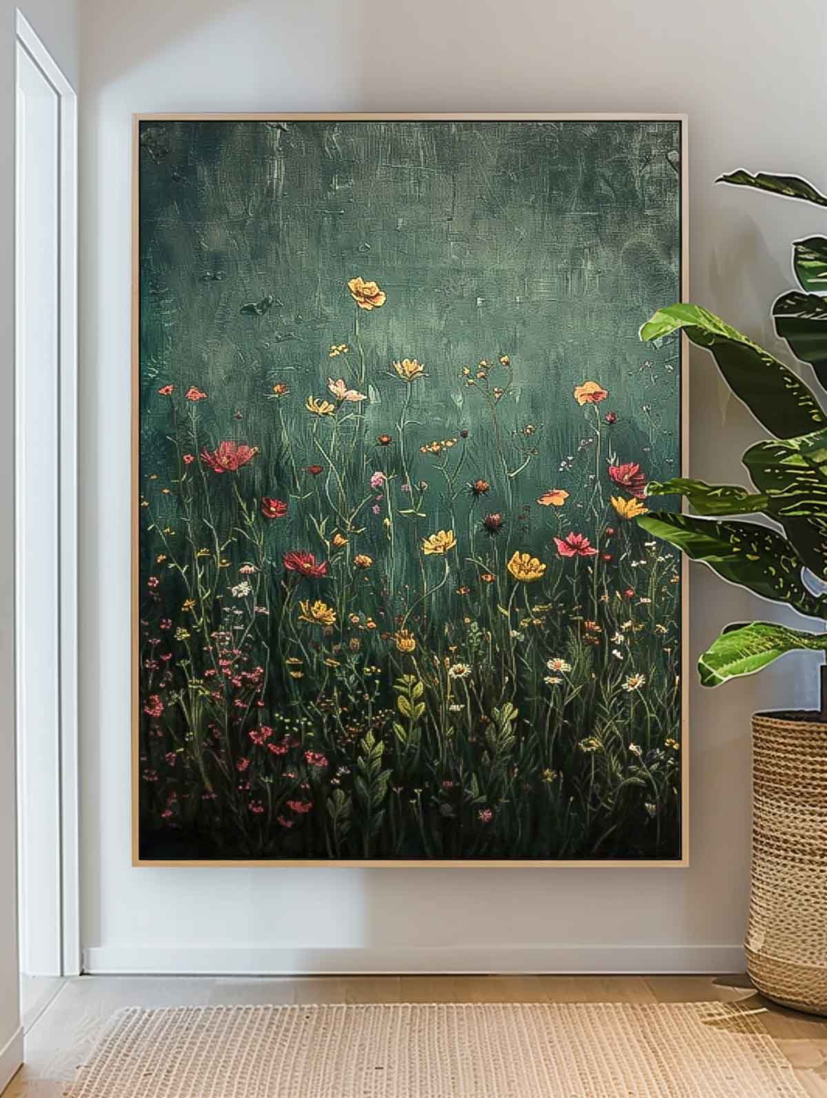 Vintage Wildflower Meadow Textured Oil Painting