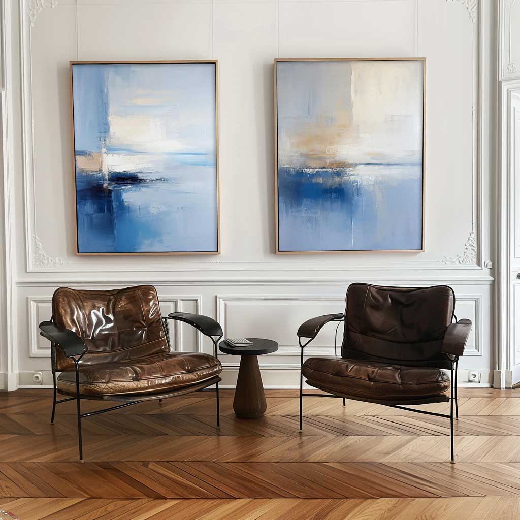 Blue Beige Abstract Ocean 2‑Piece Canvas Wall Art