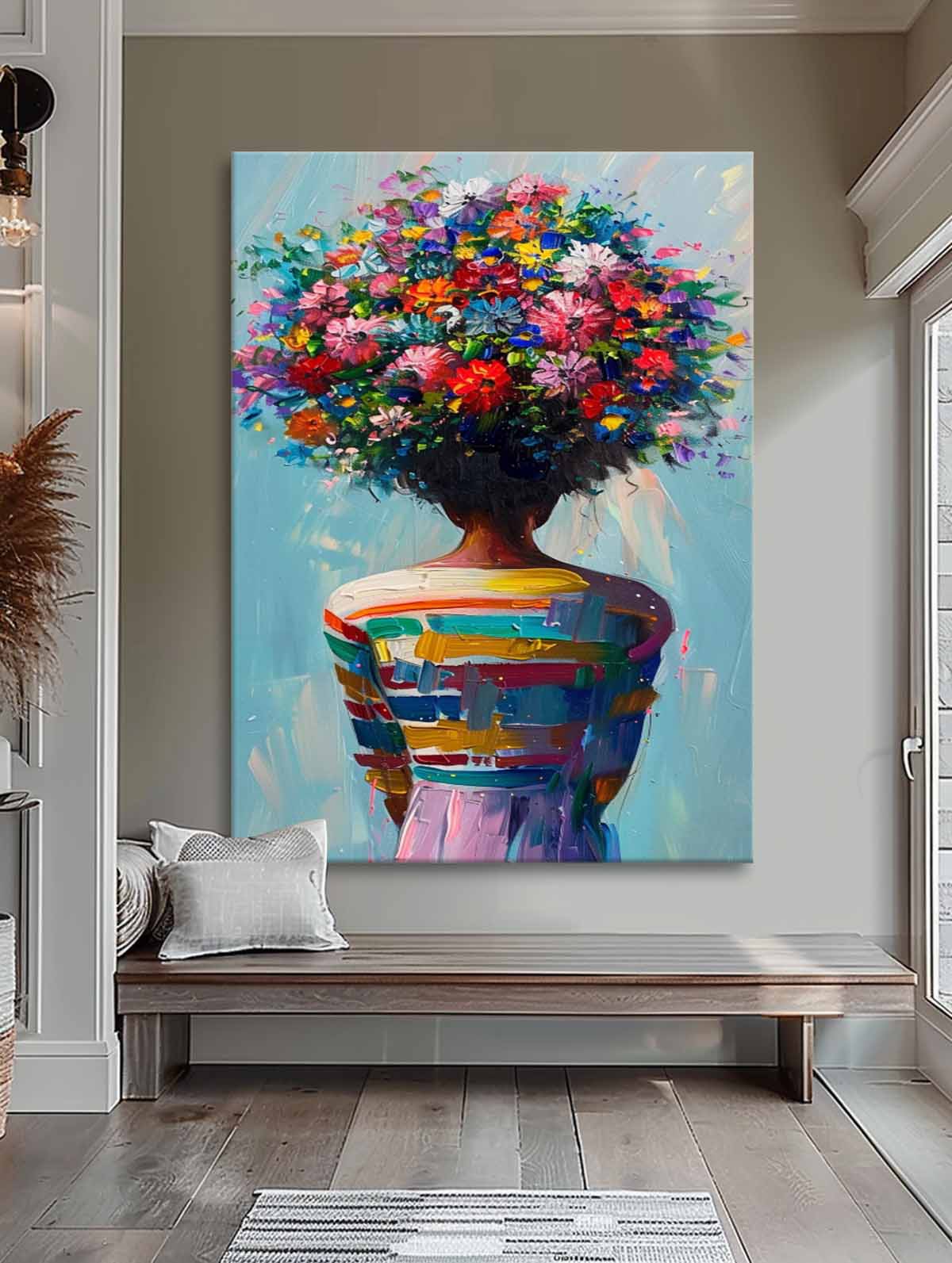 Vibrant Floral Head Woman Oil Painting Colorful