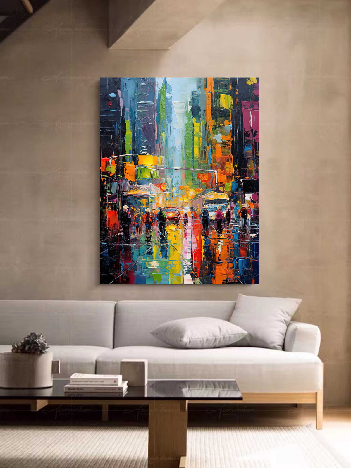 Wall Art Colorful City Street Abstract Impasto Texture Living Room