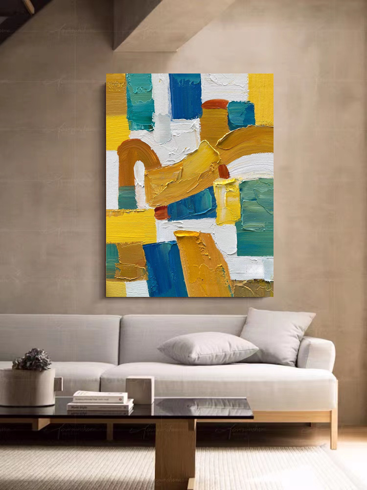 Bold Color Block Impasto Oil Painting Blue Yellow