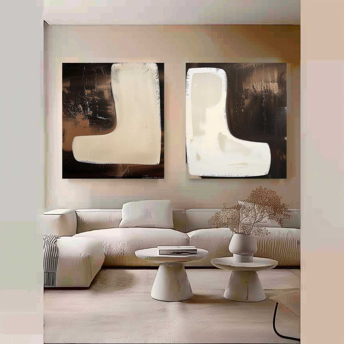 2 Piece Set Dark Brown Diptych Oil Painting