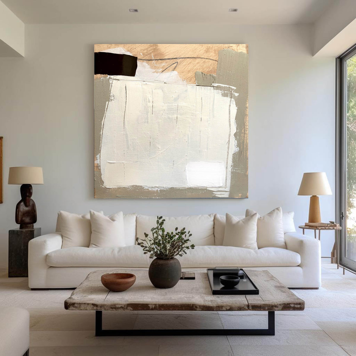 White‑Gold‑Grey Square Layer‑Collage Impasto‑Textured Artwork
