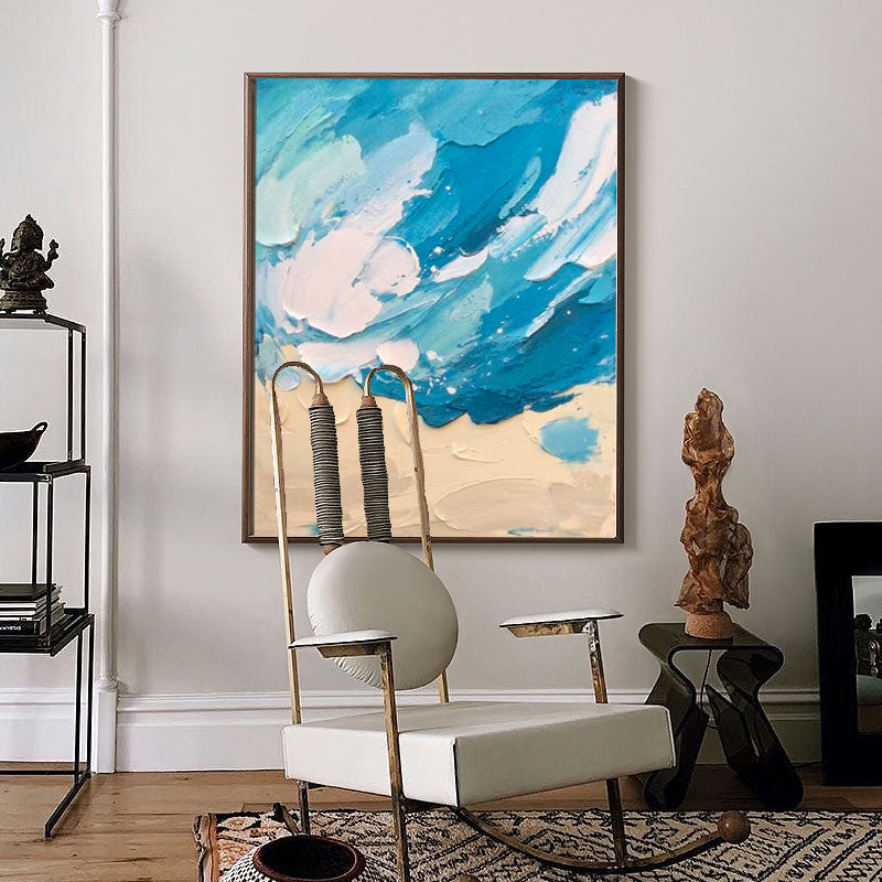 Textured Coastal Impasto Oil Painting Blue Wave Beach