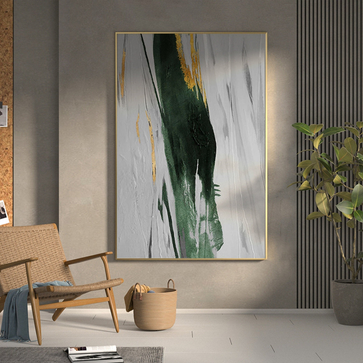 Grey‑Emerald‑Gold Vertical Streaked‑Brush Impasto‑Textured Artwork