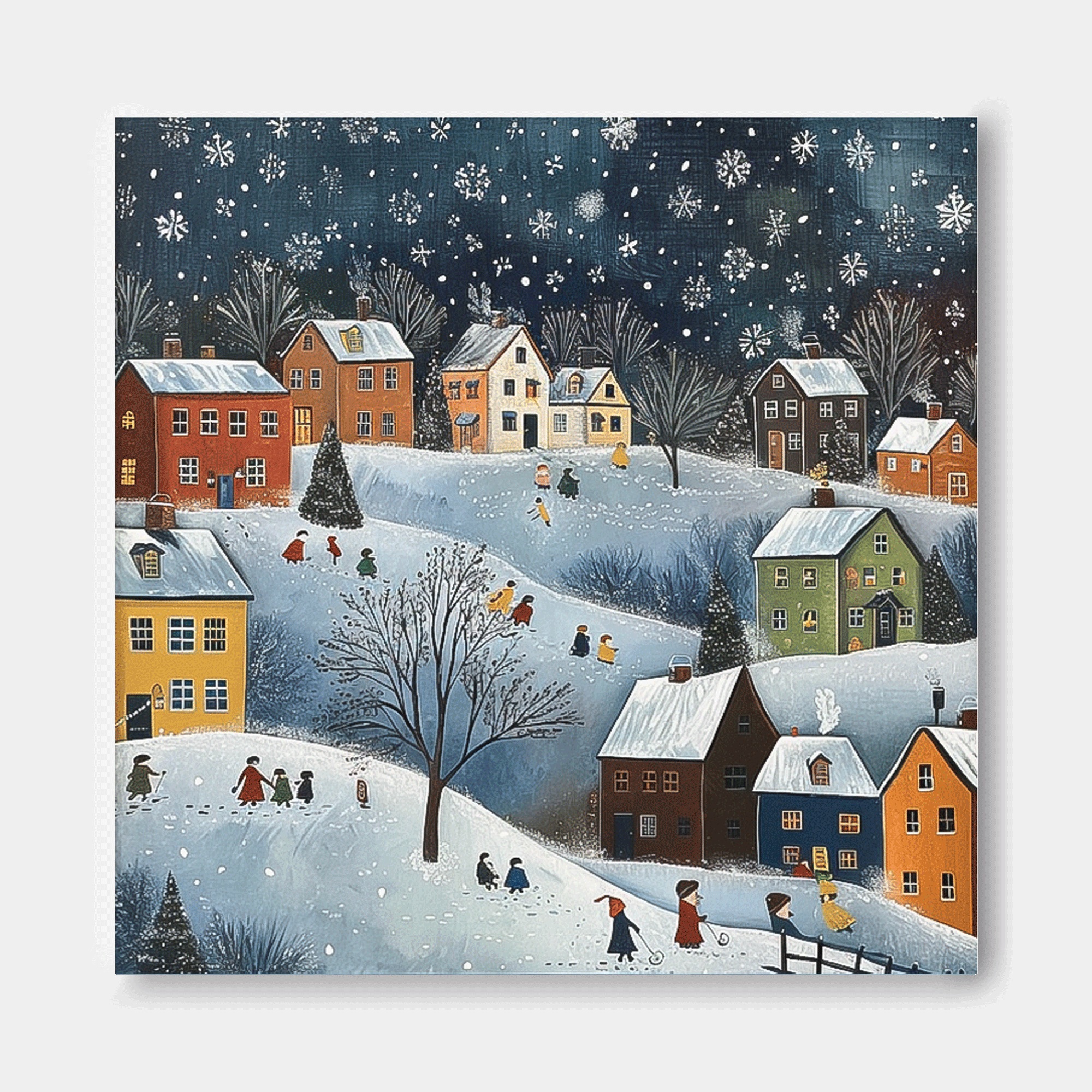Whimsical Winter Village Folk Art Painting Festive