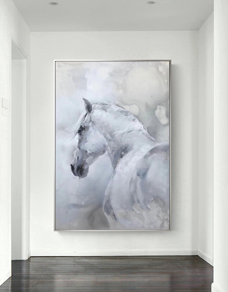 Large White Abstract Horse Painting ANH08 - Neutralighting
