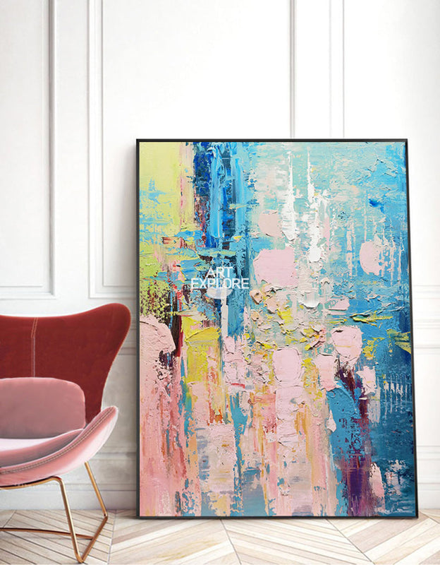 Wall Art Blue Pink Floral Abstract Textured Living Room