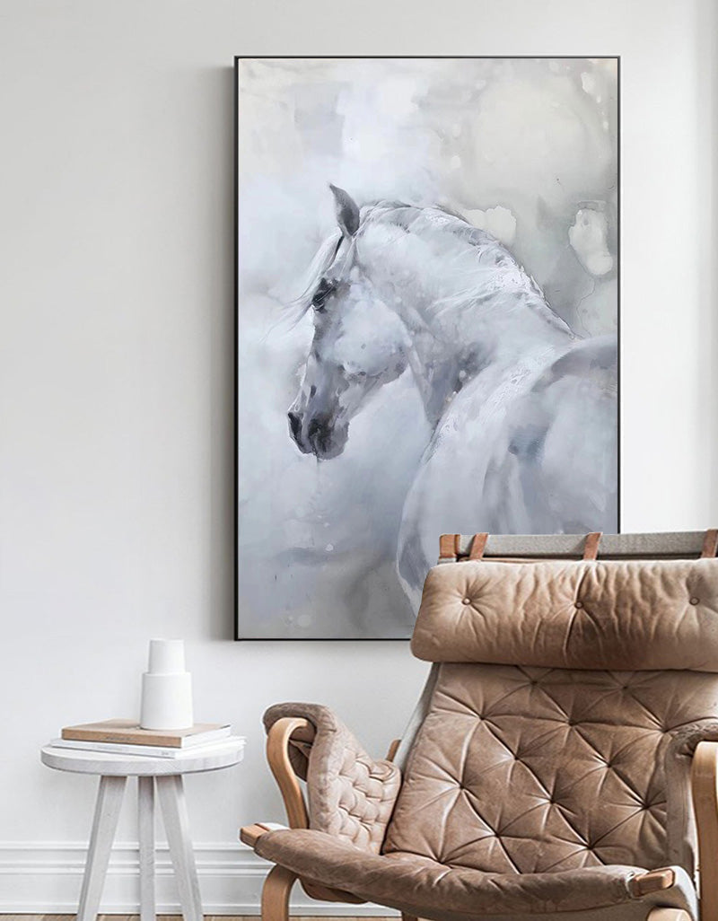 Large White Abstract Horse Painting ANH08 - Neutralighting