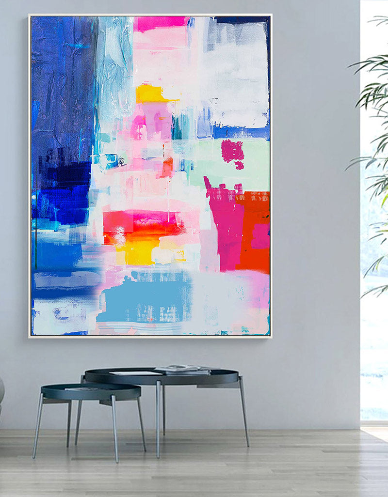 Vibrant Pink & Blue Abstract Painting Vertical