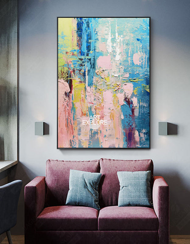 Wall Art Blue Pink Floral Abstract Textured Living Room