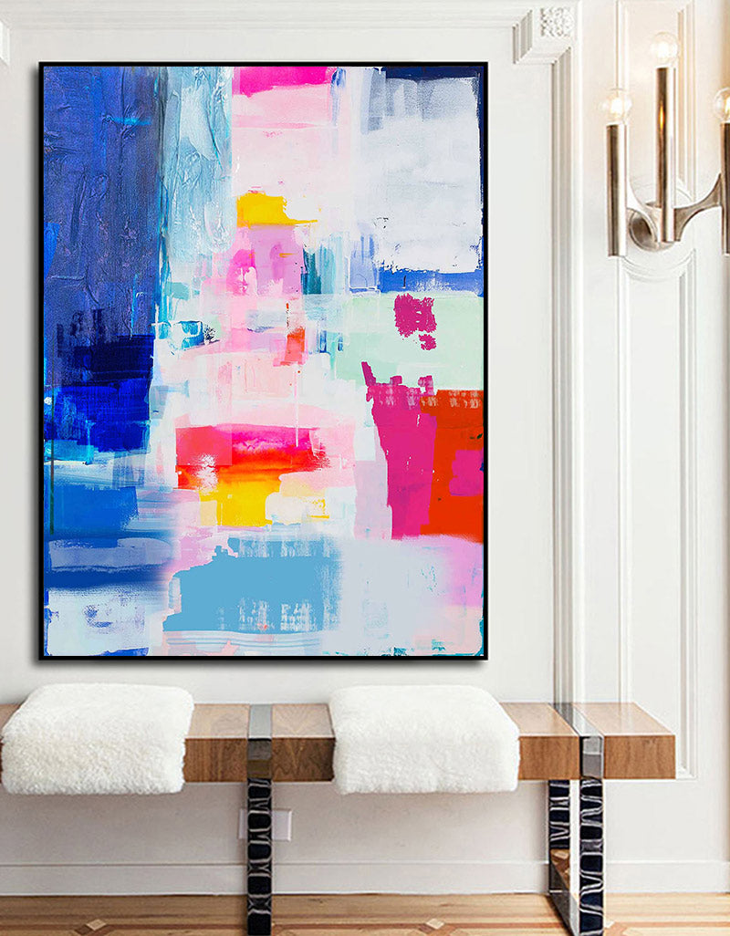 Vibrant Pink & Blue Abstract Painting Vertical