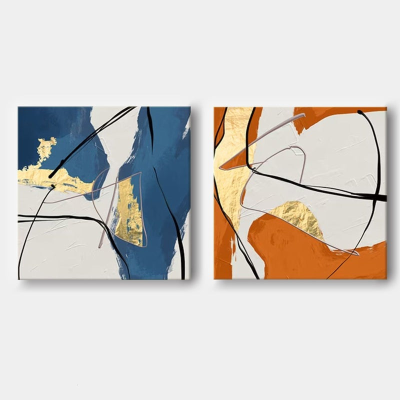 Set of 2 Gold  Oil Paintings Blue Orange