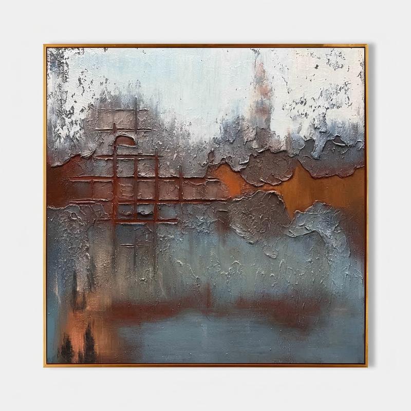 Wall Art Abstract Rustic Grid Blue Orange