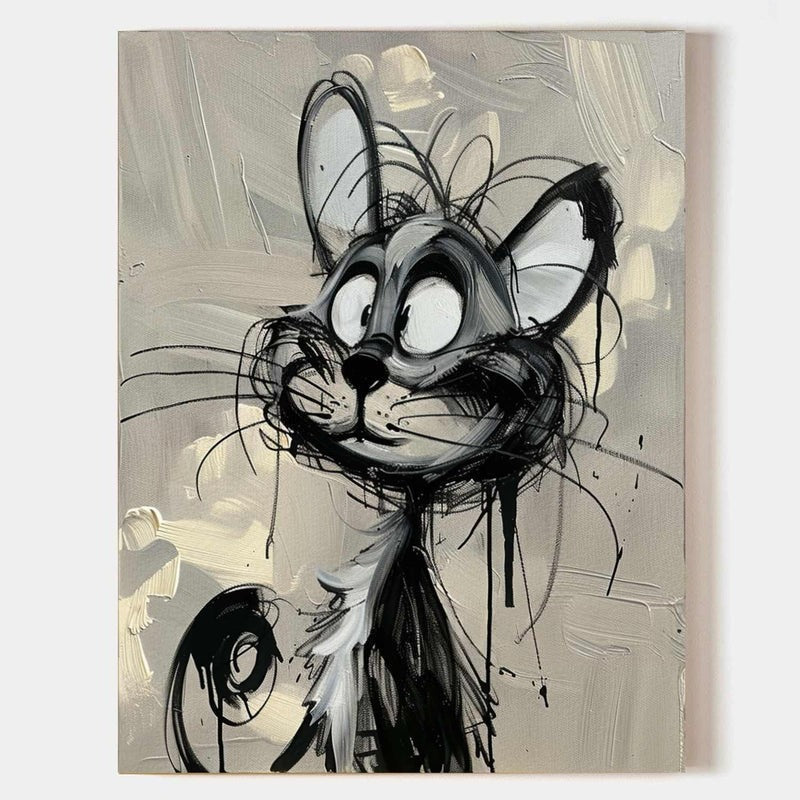 Wall Art Cartoon Cat Black White Drip Oil Painting