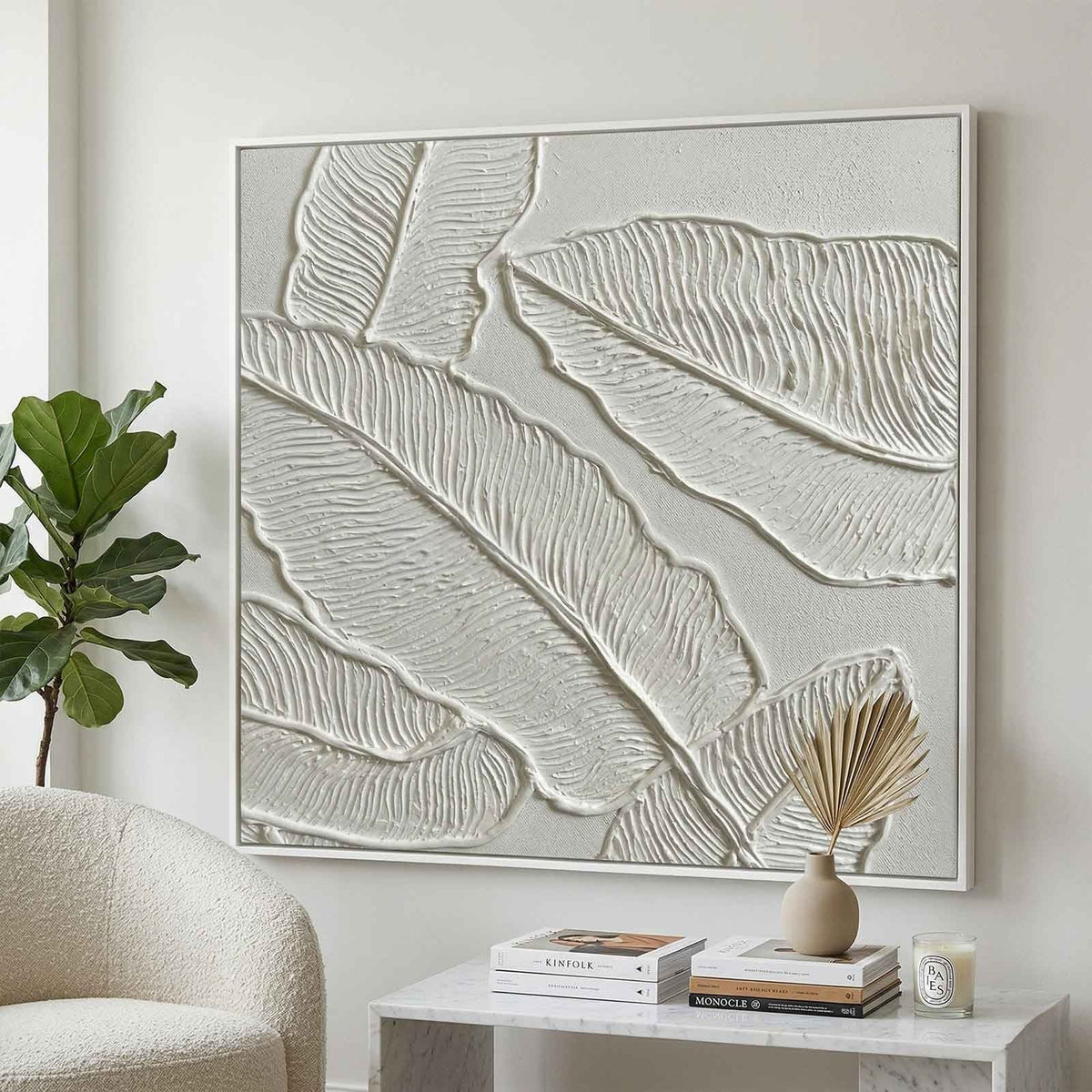 Plaster Art White 3D Leaf Texture Painting