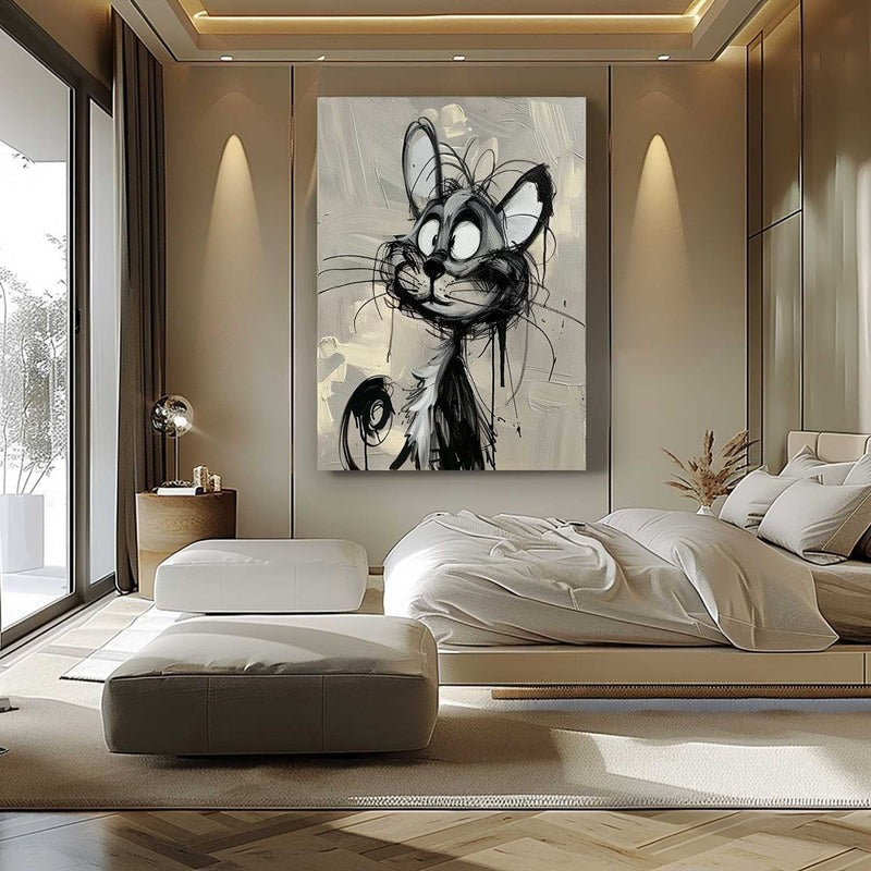 Wall Art Cartoon Cat Black White Drip Oil Painting