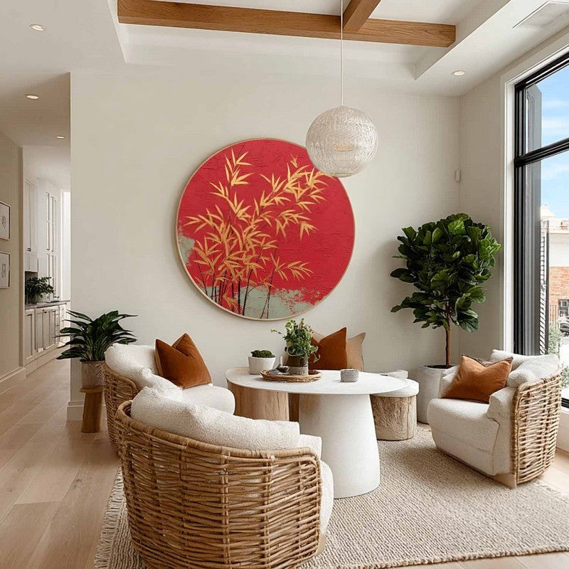 Wall Art Round Golden Bamboo Red