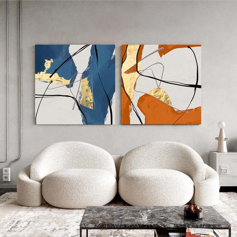 Set of 2 Gold  Oil Paintings Blue Orange