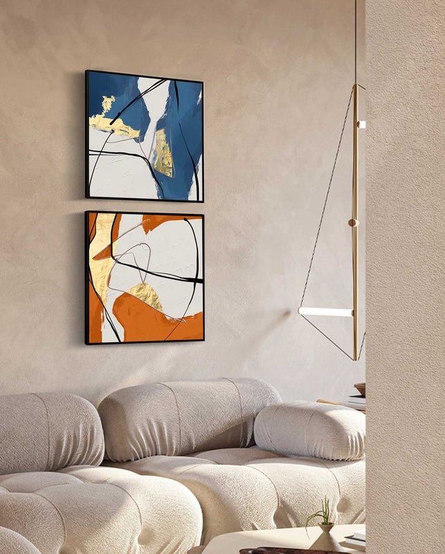 Set of 2 Gold  Oil Paintings Blue Orange