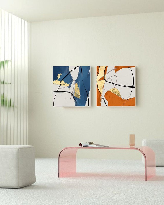 Set of 2 Gold  Oil Paintings Blue Orange