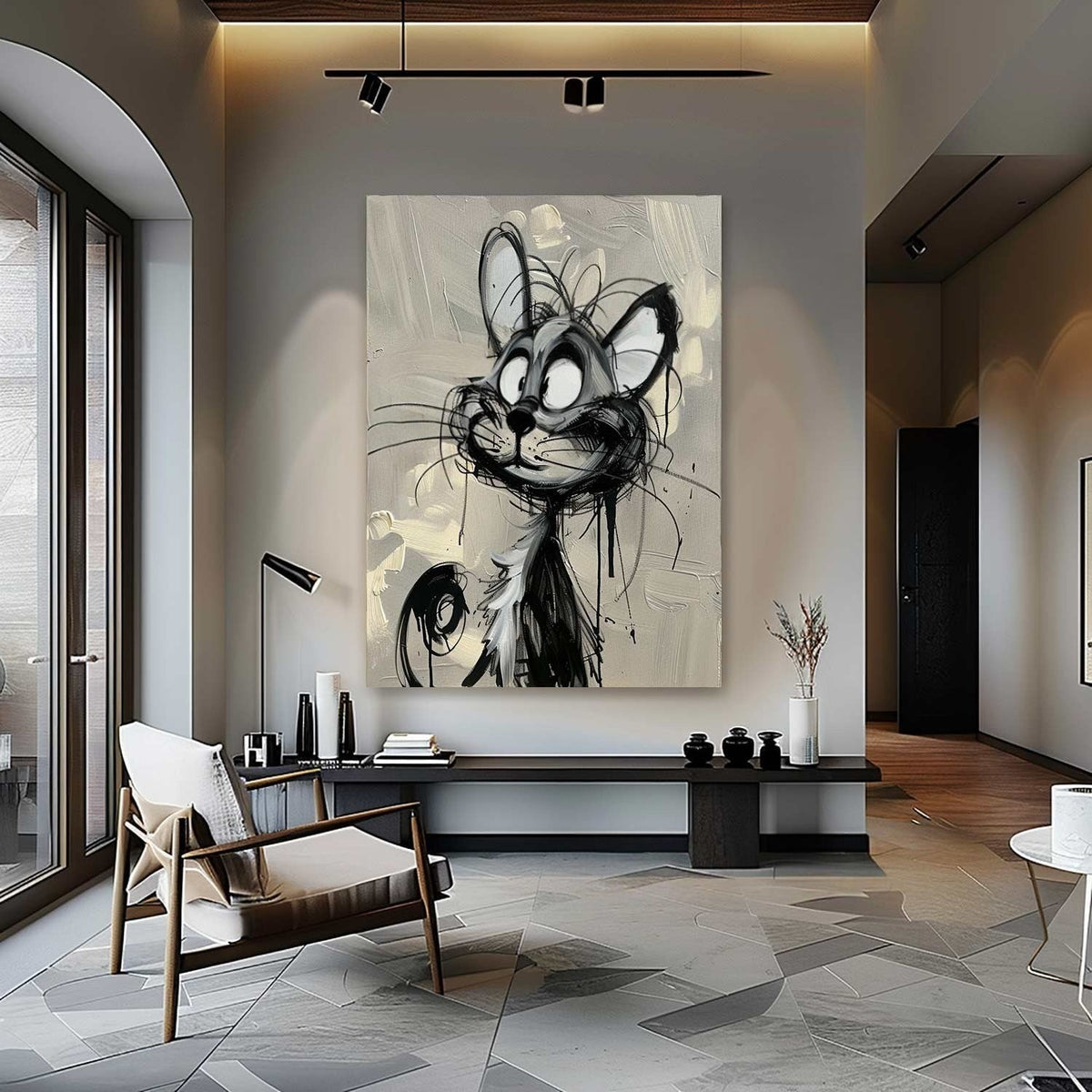 Wall Art Cartoon Cat Black White Drip Oil Painting