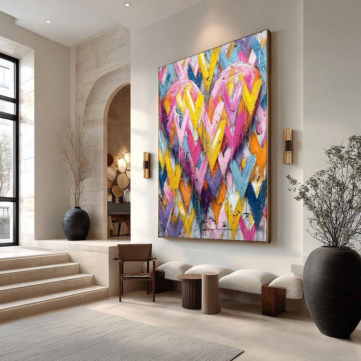 Vibrant Chevron Double Heart Impasto Painting