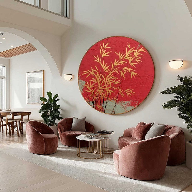 Wall Art Round Golden Bamboo Red