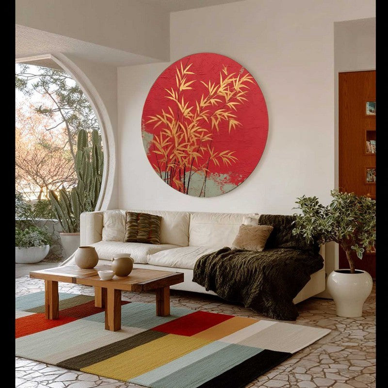 Wall Art Round Golden Bamboo Red
