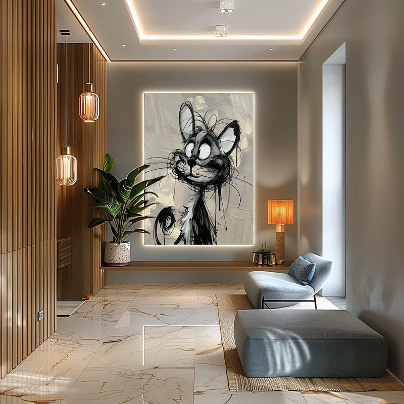 Wall Art Cartoon Cat Black White Drip Oil Painting