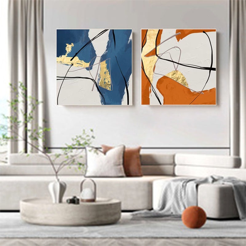 Set of 2 Gold  Oil Paintings Blue Orange