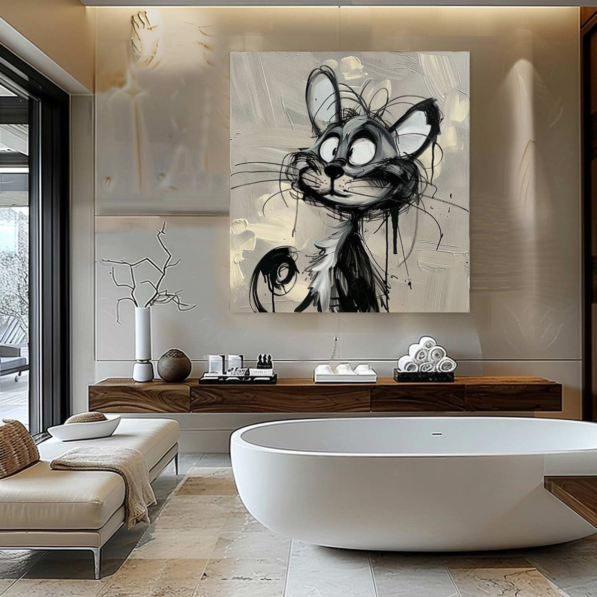 Wall Art Cartoon Cat Black White Drip Oil Painting