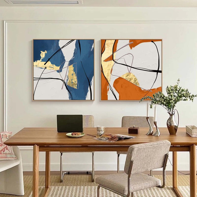 Set of 2 Gold  Oil Paintings Blue Orange
