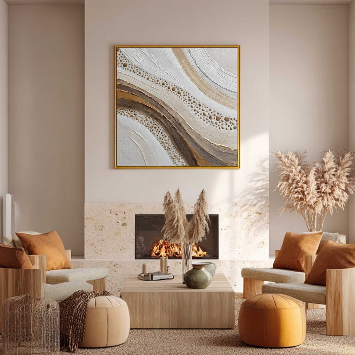 Wall Art Minimalist 3D Gold Dotted Flowing Waves