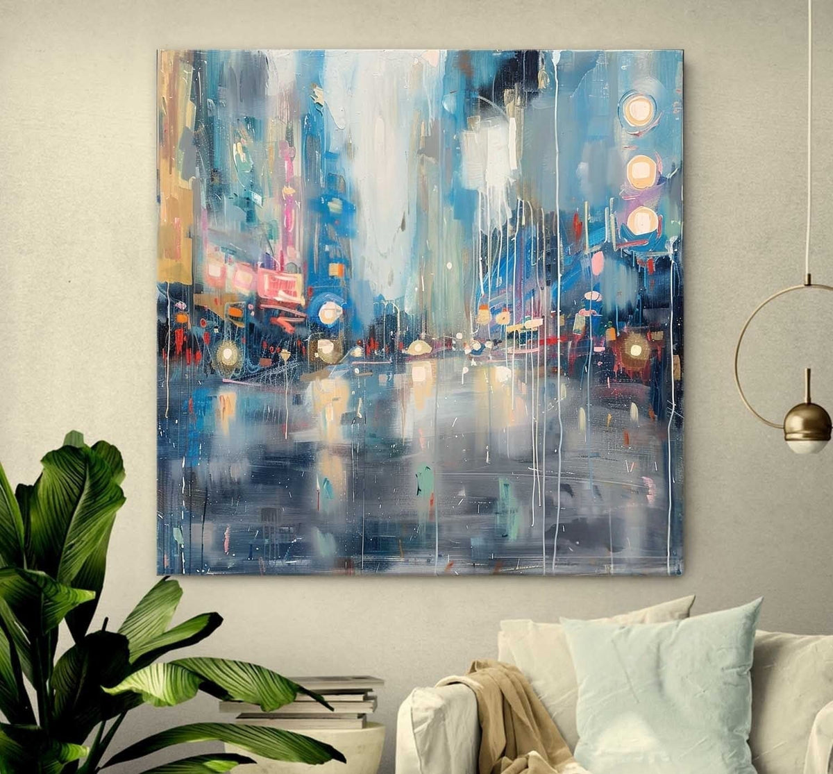 Wall Art Glowing City Lights Rainy Street