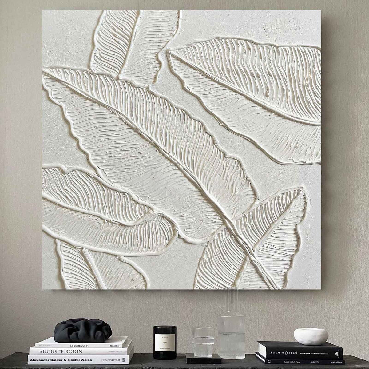 Plaster Art White 3D Leaf Texture Painting
