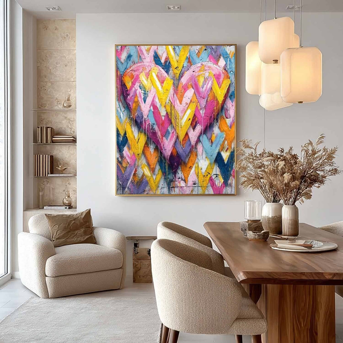Vibrant Chevron Double Heart Impasto Painting