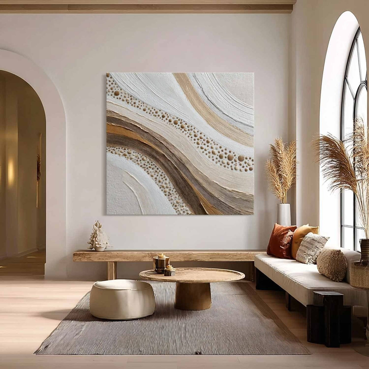 Wall Art Minimalist 3D Gold Dotted Flowing Waves