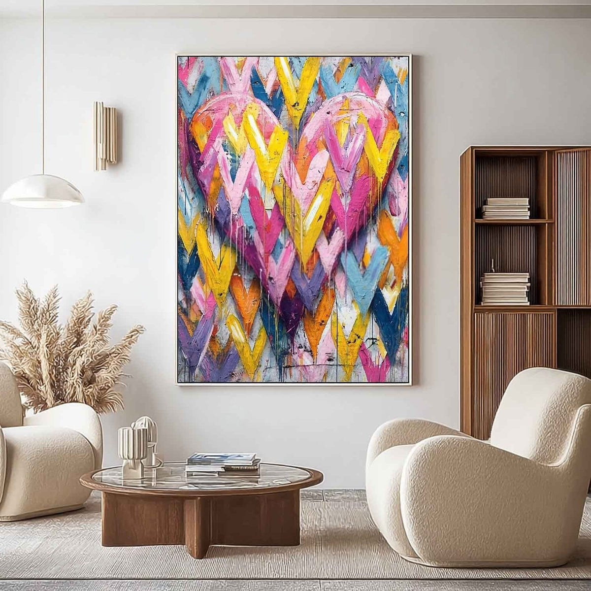 Vibrant Chevron Double Heart Impasto Painting