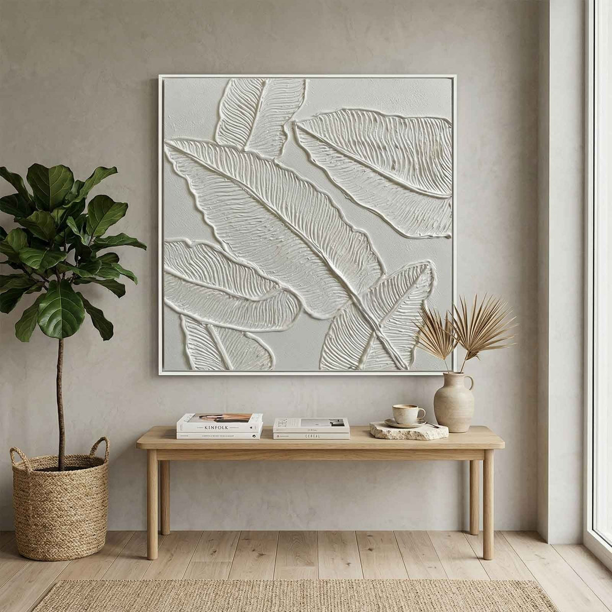 Plaster Art White 3D Leaf Texture Painting