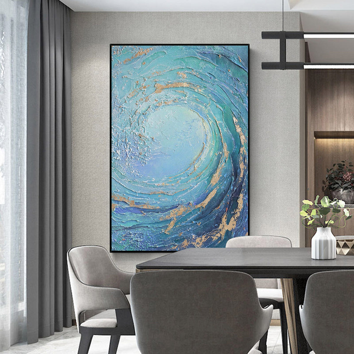 Ocean Wave Blue Gold Abstract Canvas Wall Art
