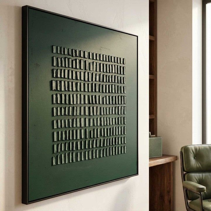 Wabi-Sabi Wall Art Dark Green Textured Grid Abstract Painting