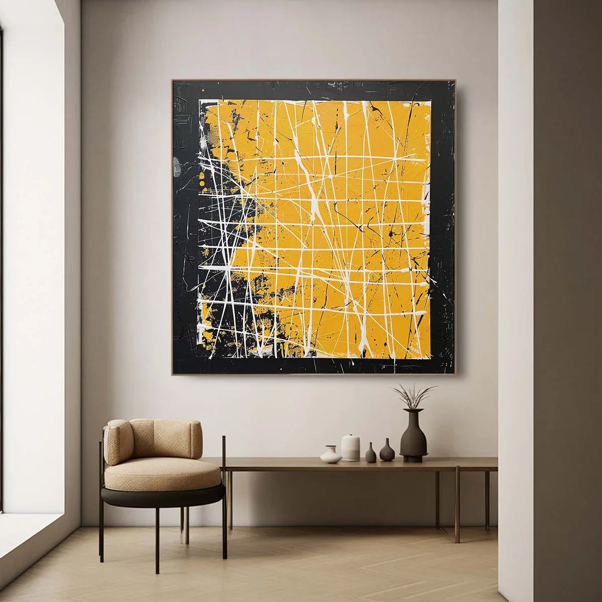 Bold Yellow Oil Painting White Grid-Lines Framed