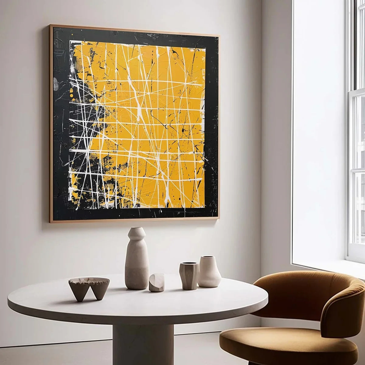 Bold Yellow Oil Painting White Grid-Lines Framed