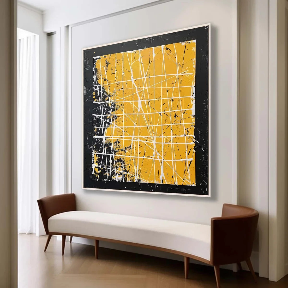 Bold Yellow Oil Painting White Grid-Lines Framed