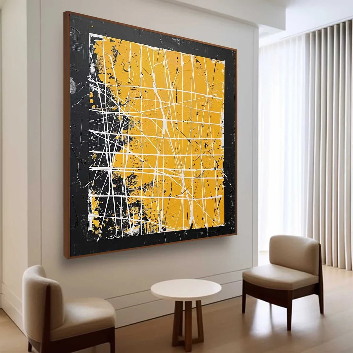 Bold Yellow Oil Painting White Grid-Lines Framed