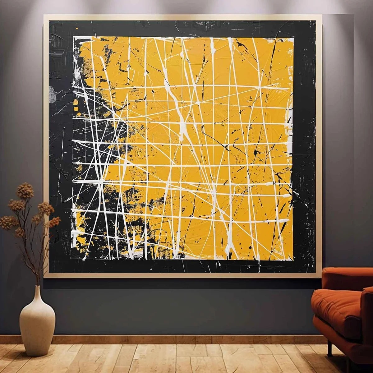 Bold Yellow Oil Painting White Grid-Lines Framed